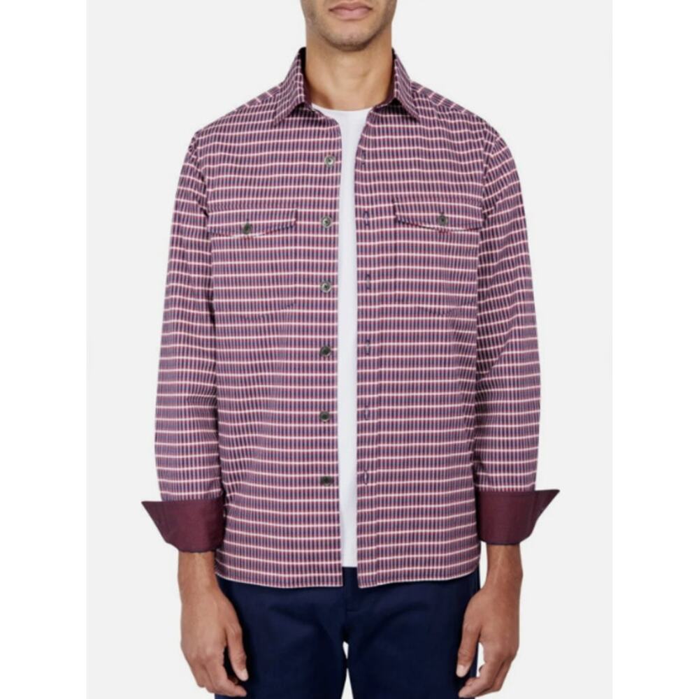 CONSTRUCT Mens Shirt Jacket Small Red Navy Blue Micro Plaid Fleece Lined NWOT